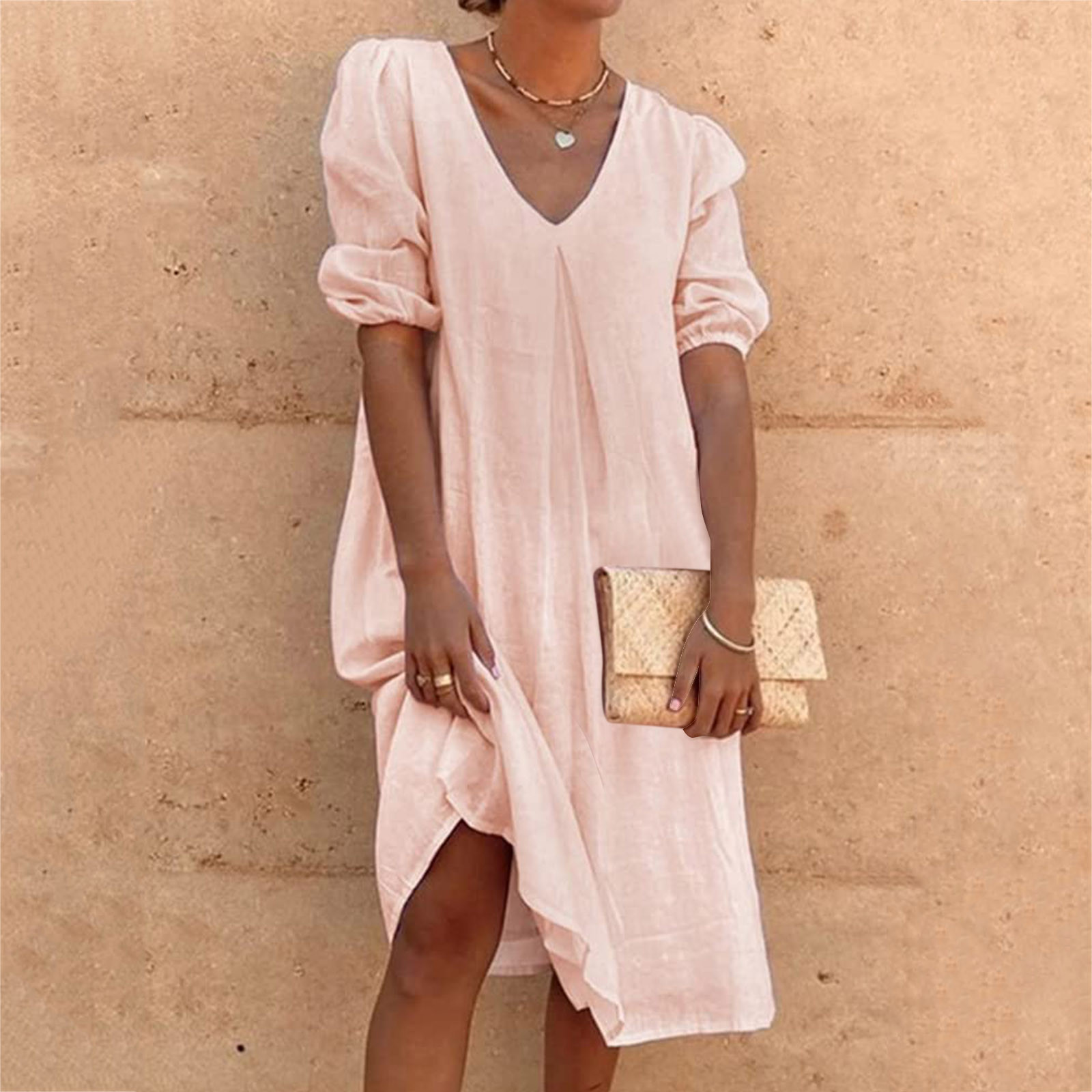 thumbnail image 2 of Vestido informal de verano para mujer, de color liso, con cuello en V y manga media - Túnica holgada larga, poliéster, transpirable, tallas S-XXL, ropa de playa/diaria/de fiesta, 2 of 4